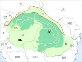 Outer Subcarpathian regions, bordered in red and marked I.