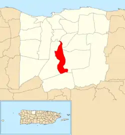 Location of Carreras within the municipality of Arecibo shown in red