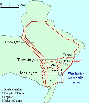 a map showing the defences of the city of Carthage