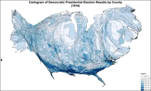 Cartogram shaded according to percentage of the vote for Wilson