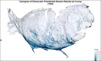 Cartogram of Democratic presidential election results by county