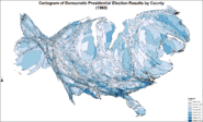 Cartogram of Democratic presidential election results by county