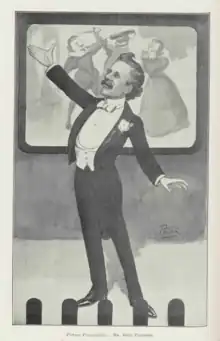 Cartoon showing Dove Paterson, an elocutionist, wearing white tie and tails, performing in front of a projected moving image.