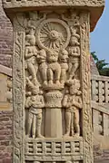 Sanchi gateway relief showing a possible depiction of the Sarnath pillar, Satavahana period, 1st century CE.