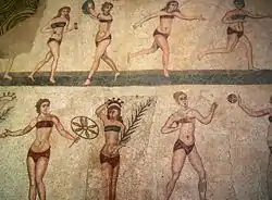 Image 74So-called "Bikini Girls" mosaic from the Villa del Casale, Roman Sicily, 4th century (from Roman Empire)