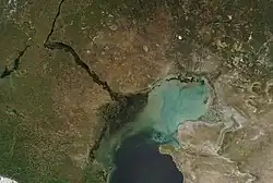 Caspian Depression and north Caspian Sea from space. NASA photo