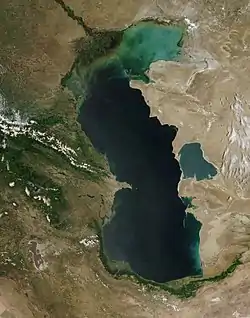 Garabogazköl is visible on the eastern shore of the Caspian Sea