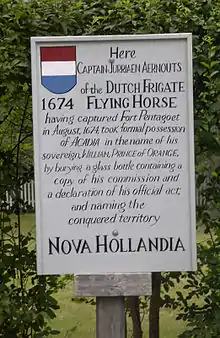 Image 23Marker commemorating the Dutch conquest of Acadia (1674), which they renamed New Holland. This is the spot where Jurriaen Aernoutsz buried a bottle at the capital of Acadia, Fort Pentagouet, Castine, Maine (from History of Maine)