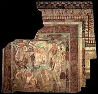 The mural, "Dance of princess Chandraprabha", with frames probably derived from Roman art of the 1st century AD. Treasure Cave C (Cave 83). MIK III 8443.