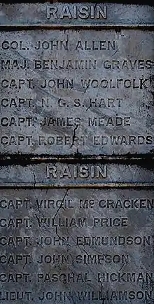 Names of some of the American dead (Raisin River Massacre, War of 1812, Kentucky War Memorial)