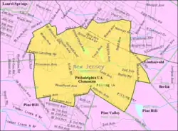 Census Bureau map showing location of Clementon within Camden County. Inset: Location of Camden County in New Jersey.