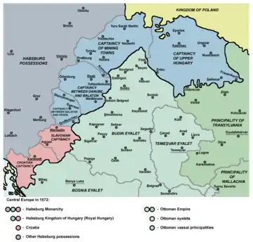 Habsburg Kingdom of Hungary (light blue) in personal union with the Kingdom of Croatia (red), both within the Habsburg monarchy (in shades of blue) in 1572.