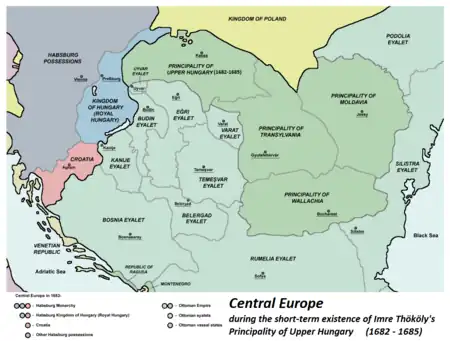 A second map, showing a larger area of the northern Balkans in 1683, before the treaty. The northwestern portion is shown as belonging to the Habsburgs, the bulk of the Balkans under the Ottomans, with the far northeastern area being Polish.