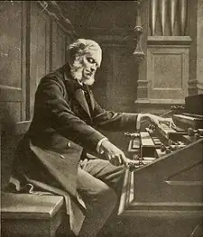 drawing of a grey-haired man with side whiskers playing a pipe organ