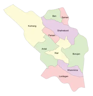 Location of Borujen County in Chaharmahal and Bakhtiari province (right, green)