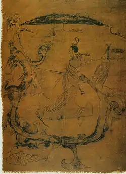 Image 65Silk painting depicting a man riding a dragon, painting on silk, dated to 5th–3rd century BC, Warring States period, from Zidanku Tomb no. 1 in Changsha, Hunan Province (from History of painting)