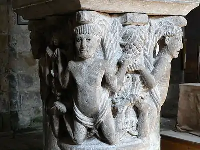 Romanesque capital with atlantes, Abbey of Saint-Pierre Mozac, Mozac, France, c.11th century