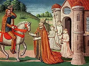 Charlemagne rescuing Pope Adrian I, by Antoine Vérard, 1493