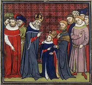 Charlemagne crowning Louis the Pious, Grandes Chroniques de France, 14th–15th centuries