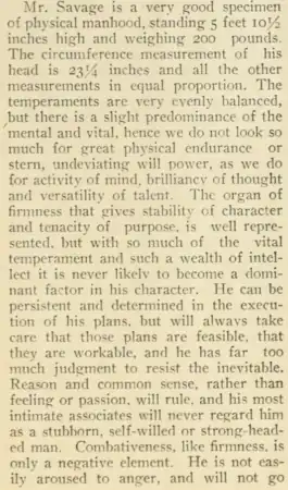 Phrenograph of Charles Roscoe Savage performed by Nephi Schofield in 1904.  Published in the phrenological journal, the Character Builder.