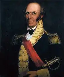 Portrait depicts a balding man with sideburns in a dark blue uniform with gold epaulettes and buff facings.