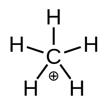 A carbon atom, bearing a formal charge of +1, single-bonded to each of five hydrogen atoms