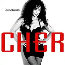 The image of a middle aged woman up to her legs. The image is in black and white. She is wearing a baby-doll dress and got a black curly wig. Below her breast, the word CHER is written in red, while top left, the words Could've Been You are written in black.