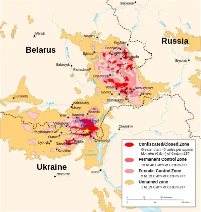 Image 5Chernobyl disasterMap: Central Intelligence Agency/Eric GabaA map showing caesium-137 contamination in Belarus, Russia, and Ukraine (in curies per square kilometer) in 1996, ten years after the Chernobyl disaster struck the Chernobyl Nuclear Power Plant. The disaster contaminated 162,160 square kilometres (62,610 sq mi) of land and is widely considered the worst nuclear power plant accident in history.More selected pictures