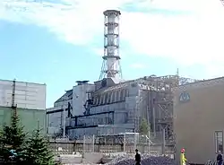 A non-operational chimney at Chernobyl reactor #4 preserved as part of the Chernobyl Nuclear Power Plant sarcophagus