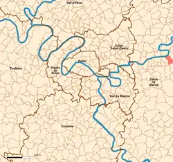 Location (in red) within Paris inner and outer suburbs