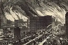 Image 41An artist's rendering of the Great Chicago Fire of 1871 (from Chicago)