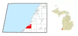 Location within Berrien County (red) and the administered communities of Shorewood–Tower Hills–Harbert (pink)