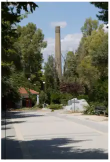 The factory's main chimney, still standing today.