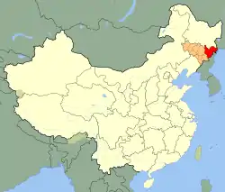 Location of Yanbian Prefecture (red) in Jilin Province (orange) and Mainland China (yellow)