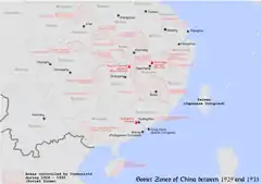 Map showing the communist-controlled Soviet Zones of China during and after the encirclement campaigns