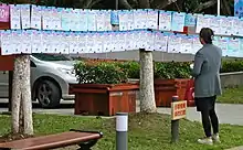 Woman looking at an outdoor display of identical forms