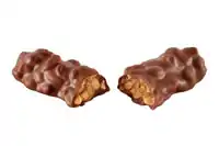 A chocolate PayDay candy bar broken in half.