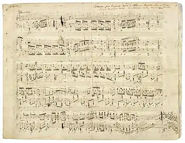 Image 4Polonaise in A-flat major, Op. 53 (Chopin)Sheet music for the Polonaise in A-flat major, Op. 53, a solo piano piece written by Frédéric Chopin in 1842. This work is one of Chopin's most admired compositions and has long been a favorite of the classical piano repertoire. The piece, which is very difficult, requires exceptional pianistic skills and great virtuosity to be interpreted. A typical performance of the polonaise lasts seven minutes.More selected pictures