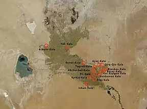 Location of the Koi Krylgan Kala fortress in the Chorasmian oasis, in relation to other main fortresses