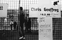 Commemorative tablet to Chris Gueffroy. In the background is the partly destroyed Wall, near Reichstag. Winter 1989/90.