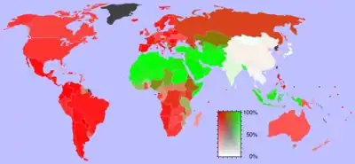 Relative geographic prevalence of Christianity versus the second most prevalent religion Islam and lack of either religion, in 2006