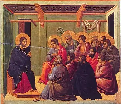 Image 10Jesus' Farewell Discourse to his eleven remaining disciples after the Last Supper, from the Maestà by Duccio (from Jesus in Christianity)