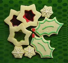 The six-pointed stars are filled with hard candy.  The others are decorated with frosting.