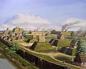 An artistic recreation of The Kincaid site from the prehistoric Mississippian culture as it may have looked at its peak 1050–1400 CE