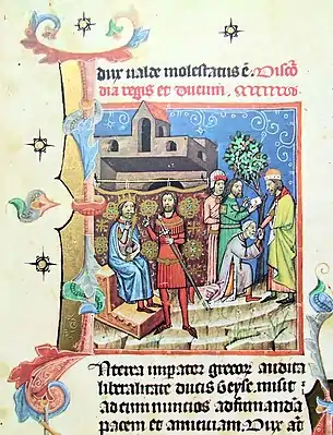 Chronicon Pictum, Hungarian, Hungary, King Solomon, Prince Géza, Count Vid, sword, throne, ambassadors, stir up strife, castle, medieval, chronicle, book, illumination, illustration, history