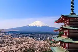 Perfectly shaped volcano with the upper half covered in snow.