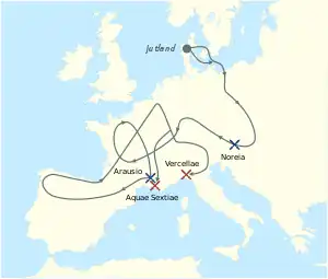 The migrations of the Cimbri and the Teutons.L Roman victories.W Cimbri and Teutons victories.