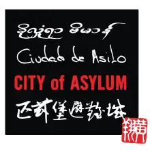 City of Asylum written in various languages serves as the organizations logo.