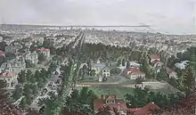 Aerial engraving of a 19th-century city with trees and homes