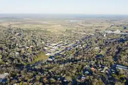 Aerial view of Uniontown, Alabama. View is looking to the northeast. Uniontown Municipal Building (City Hall) and Uniontown's Historic Water Tower is visible slightly left of center in the picture.